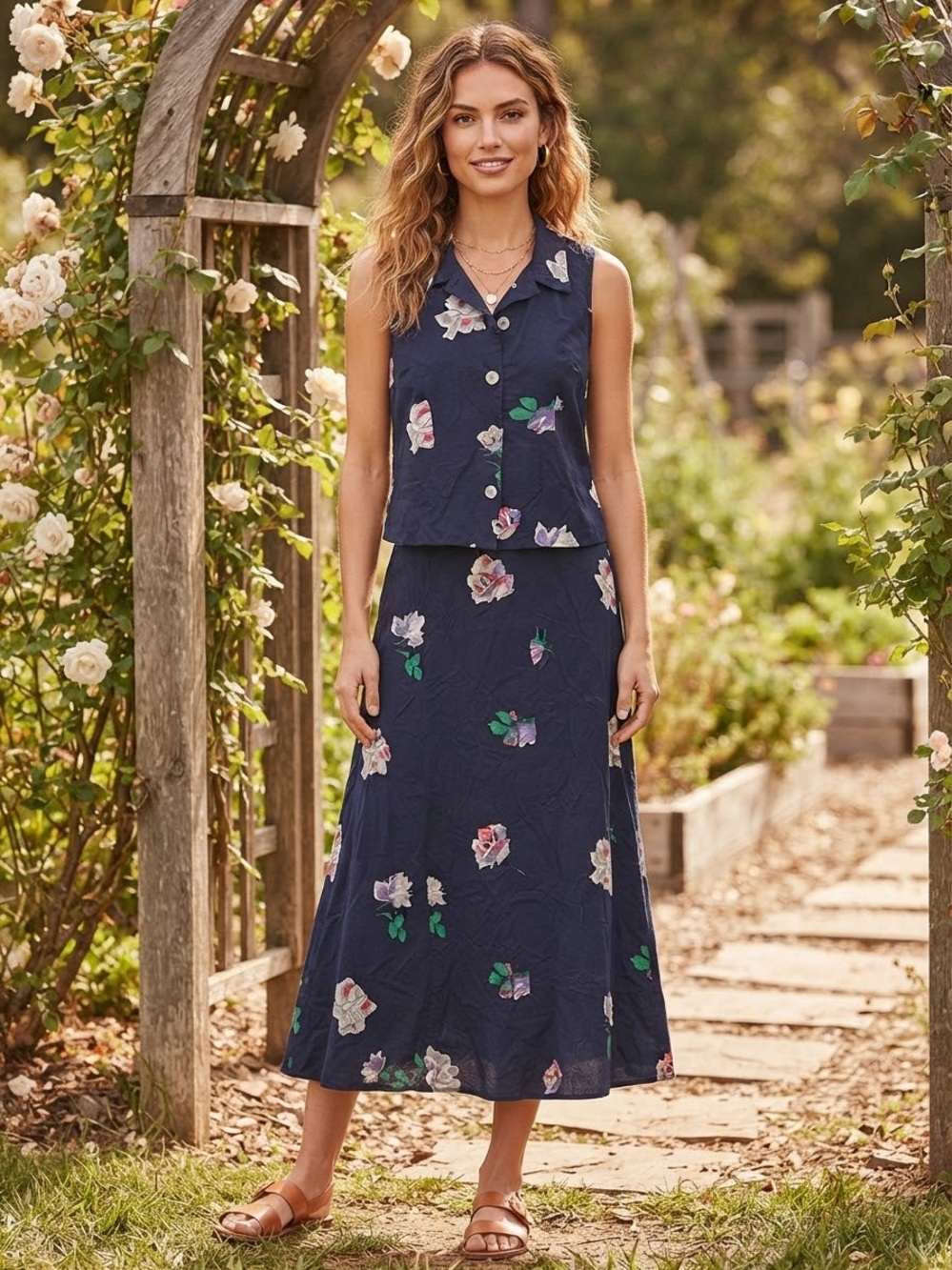 Vintage R.J STEVENS Floral Navy Sleeveless Button-Front Maxi Dress 6